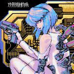  1girl blue_hair cyborg from_side ghost_in_the_shell gun holding holding_gun holding_weapon joints knees_up kusanagi_motoko looking_at_viewer lowres robot_joints shirorofuru short_hair solo upper_body violet_eyes weapon wire 