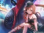  bang_dream! bare_shoulders belt_collar black_gloves black_headwear black_skirt bracelet brown_hair building car cityscape collar dutch_angle ferris_wheel fingerless_gloves fishnet_pantyhose fishnet_top fishnets gloves hat imai_lisa jewelry long_hair looking_at_viewer mini_hat motor_vehicle necklace night official_art pantyhose sitting skirt yellow_eyes 