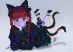  1girl :3 animal_ears black_bow black_dress bow braid cat_ears cat_tail dress extra_ears frills grey_background hand_on_own_face highres himuhino kaenbyou_rin leg_ribbon looking_at_viewer multiple_tails pantyhose pointy_ears puffy_sleeves red_eyes redhead ribbon shadow slit_pupils tail touhou twin_braids two_tails white_background white_pantyhose 