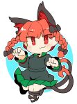  1girl :3 animal_ear_fluff animal_ears black_footwear blush braid cat_ears cat_tail closed_mouth dress full_body green_dress highres ini_(inunabe00) kaenbyou_rin long_hair long_sleeves multiple_tails red_eyes redhead shoes smile solo tail touhou twin_braids two_tails 