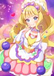  1girl absurdres back_bow blonde_hair blue_eyes blunt_bangs bow bridal_gauntlets brooch closed_mouth commentary cure_finale delicious_party_precure gloves hair_ornament hand_to_own_mouth heart heart_brooch highres jacket jewelry kasai_amane large_bow light_particles long_hair long_sleeves looking_at_viewer magical_girl medium_skirt pink_skirt precure purple_headwear shuu_(mniarnoakou) skirt skirt_hold smile solo standing tiara twitter_username very_long_hair white_bow white_gloves white_jacket wide_ponytail 