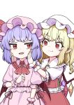  2girls ascot bat_wings blonde_hair brooch closed_mouth collared_shirt commentary_request cowboy_shot crystal fang flandre_scarlet frilled_shirt_collar frills hands_on_another&#039;s_cheeks hands_on_another&#039;s_face hands_up hat highres jewelry long_hair looking_at_another mob_cap multiple_girls oninamako open_mouth pink_headwear pink_shirt pink_skirt pointy_ears puffy_short_sleeves puffy_sleeves red_ascot red_eyes red_skirt red_vest remilia_scarlet shirt short_sleeves siblings simple_background sisters skirt smile touhou vest white_background white_headwear white_shirt wings wrist_cuffs yellow_ascot 