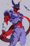  1boy absurdres akame_(chokydaum) blue_eyes closed_mouth colored_sclera colored_skin dragon_ball dragon_ball_z fingernails highres horns janemba looking_at_viewer muscular muscular_male pointy_ears red_skin sharp_fingernails signature simple_background solo tail yellow_sclera 