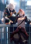  2boys :t abs absurdres against_railing baggy_pants bakugou_katsuki balcony belt between_legs black_footwear black_mask black_pants black_sash black_sleeves blonde_hair blue_sky blurry blurry_background blush boku_no_hero_academia boots building center_opening chromatic_aberration city collarbone colored_shoe_soles combat_boots day detached_sleeves diffraction_spikes elbow_rest explosive eye_mask feet_out_of_frame film_grain finger_on_forehead fingernails gloves green_gloves grenade grin hair_between_eyes hand_between_legs hands_up happy headgear high_collar highres kirishima_eijirou knee_pads light looking_at_another male_focus mask mask_around_neck multiple_boys navel no-kan no_shirt on_railing one_eye_closed orange_gloves pants pectoral_cleavage pectorals pout railing red_belt red_eyes redhead sanpaku sash scar scar_across_eye scar_on_face sharp_teeth short_eyebrows short_hair shoulder_pads signature single_horizontal_stripe sky smile sparkle spiky_hair squatting standing sunlight teeth toned toned_male two-tone_gloves v-shaped_eyebrows waist_cape wet wrist_guards x 