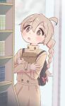  1girl :o ahoge backpack bag blonde_hair bookshelf braid brown_eyes buttons coat commentary double-breasted hair_between_eyes highres indoors light_blush long_hair long_sleeves onii-chan_wa_oshimai! open_mouth oyama_mahiro paper_bag sfm_zhang solo 
