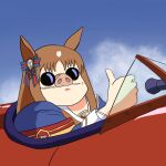  1990s_(style) 1girl aircraft airplane animal_ears armband blue_bow bow brown_hair clouds commentary_request don&#039;t_bully_suzuka ear_bow fusion grass_wonder_(umamusume) grin horse_ears kurenai_no_buta long_sleeves pig porco_rosso_(character) red_bow retro_artstyle sky smile striped striped_bow studio_ghibli_(style) sunglasses thumbs_up two-tone_bow umamusume white_hair 