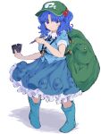  1girl absurdres backpack bag blue_eyes blue_footwear blue_hair blush_stickers boots breasts full_body green_headwear hair_bobbles hair_ornament hat highres holding kawashiro_nitori key light_smile looking_at_viewer medium_breasts medium_hair mugi_(mugimugi_9kv) parted_bangs pigeon-toed pocket rubber_boots simple_background skirt touhou two_side_up white_background 