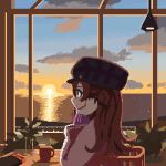  1girl animated animated_gif brown_eyes brown_hair character_request from_side idolmaster indoors long_sleeves looking_away lowres nintendo_switch pixel_art pxllb sitting solo sunset 