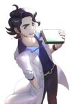  1boy :d augustine_sycamore belt black_hair black_pants book coat collared_shirt commentary_request curly_hair facial_hair grey_eyes hand_in_pocket holding holding_book im_i_masa labcoat male_focus open_clothes open_coat open_mouth pants pokemon pokemon_(game) pokemon_xy shirt simple_background smile solo standing teeth twitter_username upper_teeth_only watch watch watermark white_background white_coat yellow_belt 