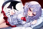  1girl :d ascot bat_wings breasts center_frills collared_shirt commentary_request fang frills highres indoors large_breasts long_sleeves looking_at_viewer lying medium_hair no_headwear on_bed on_side open_mouth pillow pointy_ears purple_hair red_ascot red_eyes remilia_scarlet s_vileblood shirt skin_fang skirt slit_pupils smile solo touhou white_shirt white_skirt window wings 
