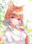  1girl animal_ears blurry blush bokeh cat_ears cat_girl choker depth_of_field hair_ornament hairclip highres hololive hololive_english light_rays long_hair looking_at_viewer multicolored_hair orange_hair shirt smile sowon streaked_hair sunbeam sunlight takanashi_kiara teeth violet_eyes virtual_youtuber white_shirt wrist_cuffs 