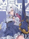  1girl background_text blue_background blue_cape blue_dress cape character_name claw_pose cowboy_shot dress fairy_knight_lancelot_(fate) fate/grand_order fate_(series) flower flprayer frills gloves highres long_hair rose sidelocks smile solo weapon white_flower white_hair white_rose yellow_eyes 