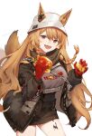  1girl animal_ears arknights black_jacket braid brown_eyes brown_hair burger ceobe_(arknights) chain commentary dog_ears dog_girl dog_tail ema_(kuguiema) food gloves hair_between_eyes hat holding holding_food jacket long_hair long_sleeves looking_at_viewer open_clothes open_jacket open_mouth red_gloves simple_background smile tail teeth upper_teeth_only white_background 