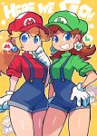  2girls absurdres blonde_hair blue_eyes blue_overalls brown_hair cosplay costume_switch crown earrings english_text facial_hair gloves green_headwear green_shirt hat highres jewelry looking_at_viewer luigi luigi_(cosplay) mario mario_(cosplay) medium_hair multiple_girls mustache overall_shorts overalls ponytail princess_daisy princess_daisy_(cosplay) princess_peach princess_peach_(cosplay) rariatto_(ganguri) red_headwear red_shirt shirt short_sleeves speech_bubble super_mario_bros. teeth white_gloves yellow_background 
