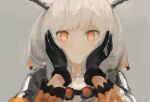  1girl absurdres arknights as4kla closed_mouth facing_viewer gloves hands_on_own_cheeks hands_on_own_face highres hood hoodie long_sleeves looking_at_viewer miniskirt orange_eyes owl_ears ptilopsis_(arknights) simple_background skirt smile solo white_hair 