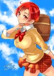  1girl aged_up bag bow bowtie cardigan earrings hair_ornament hairclip highres hino_akane_(smile_precure!) jewelry precure ramune02 red_bow red_bowtie red_eyes red_skirt redhead school_bag short_hair skirt sky smile_precure! solo yellow_cardigan 
