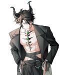  1boy abs belt black_belt black_hair black_jacket blue_eyes closed_mouth frilled_sleeves frills gem green_gemstone hair_between_eyes hands_on_hips highres horns jacket looking_at_viewer male_focus nijisanji nijisanji_en open_clothes open_jacket pectorals pointy_ears ren_zotto see-through see-through_sleeves short_hair simple_background solo standing sun_paradox topless_male virtual_youtuber white_background 
