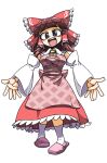  1girl :d amerika_zarigani apron ascot black_eyes blunt_bangs blush bow breasts brown_hair collared_shirt commentary_request cookie_(touhou) detached_sleeves frilled_bow frilled_hair_tubes frilled_shirt_collar frilled_skirt frills full_body hair_bow hair_tubes hakurei_reimu highres long_hair looking_at_viewer medium_breasts open_mouth pink_apron pink_footwear red_bow red_skirt round_teeth rurima_(cookie) shirt sidelocks simple_background skirt sleeveless sleeveless_shirt slippers smile socks solo standing teeth touhou transparent_background upper_teeth_only white_sleeves white_socks wide_sleeves yellow_ascot 