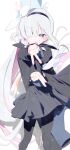  2girls a.r.o.n.a_(blue_archive) absurdres arona_(blue_archive) black_coat black_eyes black_hairband black_pantyhose blue_archive blush bm_tol braid closed_mouth coat double_v grey_hair hair_over_one_eye hairband highres long_hair long_sleeves looking_at_viewer multicolored_hair multiple_girls pantyhose pink_hair pleated_skirt sailor_collar school_uniform serafuku shadow side_braid simple_background skirt solo_focus standing v very_long_hair white_background 