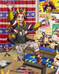  1boy :d action_figure aged_down all_might all_might_(cosplay) alternate_costume american_flag american_flag_print arm_up artist_name backpack bag bakugou_katsuki bangs_pinned_back bed birthday birthday_cake blanket blonde_hair blue_sky blurry boku_no_hero_academia bright_pupils burnt cake candle character_doll character_hat character_hood character_name character_pillow character_print clenched_hand clothes_writing clouds collarbone collared_shirt commentary cosplay curly_hair curtains dark_green_hair depth_of_field drawstring dress_shirt english_commentary fingersmile flag_print floating_clothes food foot_out_of_frame freckles gakuran green_eyes green_hair hairband hand_up happy heart hello_kitty hello_kitty_(character) hello_kitty_print highres hood hood_down hooded_jacket imitating indoors jacket knee_up kneehighs latin_text long_sleeves looking_at_viewer male_focus merchandise midoriya_inko midoriya_izuku multicolored_clothes multicolored_jacket notebook open_clothes open_hand open_jacket open_mouth outstretched_arms outstretched_hand pants pants_rolled_up perspective photo_(object) polka_dot poster_(object) print_shirt rug school_uniform shirt short_hair single_horizontal_stripe sky smile socks solo sony_(gaysony) spiky_hair standing standing_on_one_leg star_(symbol) superhero t-shirt table v-shaped_eyebrows white_pupils white_shirt yagi_toshinori yellow_bag 