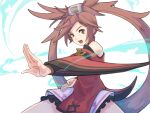 1girl :d bare_shoulders brown_eyes brown_hair china_dress chinese_clothes dress guilty_gear guilty_gear_xrd hair_ornament hair_ring hanfu irc14786149 kuradoberi_jam long_hair looking_at_viewer open_mouth red_dress simple_background smile solo twintails upper_body very_long_hair white_background
