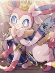  belt blue_cape blue_eyes blush cape capelet carrying castle closed_mouth crown from_side fur-trimmed_capelet fur_trim highres katsukare looking_at_viewer mixed-language_commentary on_ground pokemon sheath sheathed signature smile sword sylveon weapon 