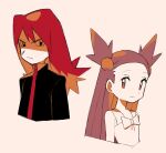  1boy 1girl black_eyes black_jacket bow brown_eyes brown_hair closed_mouth commentary dress eyelashes frown hair_bobbles hair_ornament jacket jasmine_(pokemon) long_hair pokemon pokemon_(game) pokemon_gsc redhead silver_(pokemon) two_side_up tyako_089 upper_body white_dress 
