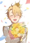  1boy 9640chikin blonde_hair blush bouquet closed_eyes confetti crossed_arms crown dated facing_viewer flower gold_trim hair_between_eyes happy_birthday highres holding holding_bouquet male_focus naoe_banri short_hair simple_background solo tilted_headwear uniteup! upper_body white_background yellow_flower 