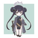  1girl achilles_(yosshyachillesd) black_coat black_dress black_hair blue_archive butterfly_hair_ornament chibi china_dress chinese_clothes coat commentary_request cs/ls06 double_bun dress full_body grey_eyes gun hair_between_eyes hair_bun hair_ornament halo highres holding holding_gun holding_weapon kisaki_(blue_archive) long_hair looking_at_viewer open_clothes open_coat pelvic_curtain side_slit sidelocks simple_background sleeveless sleeveless_turtleneck solo standing turtleneck twintails two-tone_background very_long_hair weapon 