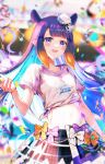  1girl blunt_bangs confetti hat highres hololive hololive_english hololive_idol_uniform hololive_idol_uniform_(bright) long_hair looking_at_viewer mini_hat mini_top_hat mole mole_under_eye navel ninomae_ina&#039;nis open_mouth pointy_ears purple_hair shirt skirt smile sowon tentacle_hair tentacles tied_shirt top_hat violet_eyes virtual_youtuber white_headwear white_shirt 