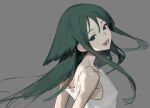  1girl bare_shoulders dress green_eyes green_hair hair_flaps hit-kun long_hair looking_at_viewer open_mouth saya_(saya_no_uta) saya_no_uta sundress white_dress 