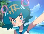  1girl aqua_eyes aqua_hair bare_arms blue_sailor_collar blush bright_pupils clouds commentary_request day freckles hairband lana_(pokemon) looking_at_viewer mizu_majuu_(waterman10) no_sclera outdoors palm_tree parted_lips pokemon pokemon_(game) pokemon_sm portrait sailor_collar selfie shirt shore short_hair sky solo tree water white_pupils white_shirt yellow_hairband 