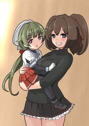  2girls black_hakama black_pantyhose black_shirt black_skirt blue_sailor_collar breasts brown_eyes brown_hair carrying commentary_request cowboy_shot gloves green_hair grin hair_ribbon hakama hakama_skirt hat highres ise_(kancolle) ise_kai_ni_(kancolle) japanese_clothes kantai_collection large_breasts long_hair looking_at_viewer low_ponytail medium_hair multiple_girls noumi_(kancolle) pantyhose pleated_skirt ponytail red_skirt ribbon sailor_collar sailor_hat shirt skirt smile tsun&#039;ichi_(tsun1) violet_eyes white_gloves white_shirt 