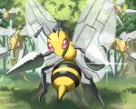  absurdres beedrill blurry bright_pupils commentary_request day falling_leaves flying glint grass highres jira_(ziraiya26) kakuna leaf looking_at_viewer no_humans outdoors pink_eyes pokemon pokemon_(creature) tree white_pupils 