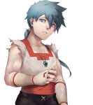  1boy blue_eyes blue_hair breath_of_fire breath_of_fire_iv collarbone fingerless_gloves gloves haruno14 jewelry looking_at_viewer male_focus necklace ryuu_(breath_of_fire_iv) simple_background solo white_background 
