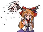  1girl bird bow bowtie cherry_blossoms copyright_request horns ibuki_suika kasuya_baian looking_at_viewer oni_horns orange_eyes orange_hair pointing pointing_at_self white_background white_bow 