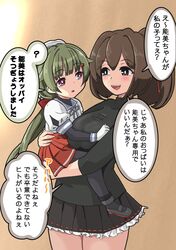  2girls black_hakama black_pantyhose black_shirt black_skirt blue_sailor_collar breasts brown_eyes brown_hair carrying commentary_request cowboy_shot eye_contact gloves green_hair grin hair_ribbon hakama hakama_skirt hat highres ise_(kancolle) ise_kai_ni_(kancolle) japanese_clothes kantai_collection large_breasts long_hair looking_at_another low_ponytail medium_hair multiple_girls noumi_(kancolle) pantyhose pleated_skirt ponytail red_skirt ribbon sailor_collar sailor_hat shirt skirt smile translation_request tsun&#039;ichi_(tsun1) violet_eyes white_gloves white_shirt 
