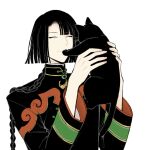 animal black_cat black_hair braid cat changpao chinese_clothes closed_eyes closed_mouth fate/grand_order fate_(series) highres holding holding_animal holding_cat long_hair long_sleeves ponkotubiglove simple_background single_braid tai_gong_wang_(fate) 