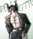  1boy abs belt black_belt black_hair black_jacket blue_eyes closed_mouth english_text frilled_sleeves frills gem green_background green_gemstone hair_between_eyes hands_on_hips highres horns jacket looking_at_viewer male_focus nijisanji nijisanji_en open_clothes open_jacket pectorals pointy_ears ren_zotto see-through see-through_sleeves shadow short_hair simple_background solo standing sun_paradox topless_male two-tone_background virtual_youtuber white_background 