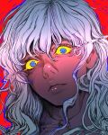  1boy berserk blue_eyes close-up closed_mouth colored_sclera distortion eyelashes feet_out_of_frame griffith_(berserk) long_hair looking_at_viewer nisino2222 nose red_background ringed_eyes simple_background smile solo white_hair yellow_sclera 