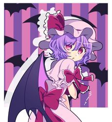  1girl ascot bat_wings frilled_cuffs frilled_hat frills green_brooch hair_between_eyes hat hat_ribbon looking_at_viewer purple_hair red_ascot remilia_scarlet ribbon short_sleeves touhou tsugomori_(remilia0398) wings 