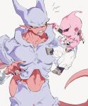  2boys akame_(chokydaum) belt black_sclera colored_sclera colored_skin dragon_ball dragon_ball_z fingernails grabbing_another&#039;s_ear hand_on_another&#039;s_ear highres janemba kid_buu looking_at_another majin_buu midriff multiple_boys pink_skin pointy_ears red_skin sharp_fingernails simple_background tail teeth yellow_sclera 