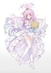  1girl angel_wings blue_archive bouquet commentary dress feathered_wings flower full_body gloves hair_bun highres holding holding_bouquet long_hair low_wings mika_(blue_archive) picter pink_hair sidelocks single_side_bun solo thigh-highs tiara white_background white_dress white_footwear white_gloves white_thighhighs white_wings wings yellow_eyes yellow_flower 