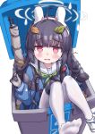 1girl @_@ ahoge animal_ears black_gloves black_hair blue_archive blue_serafuku blush bolt_action commentary_request fake_animal_ears gloves green_neckerchief gun halo headband highres in_container knee_pads leaf leaf_on_head long_hair long_sleeves looking_at_viewer miyu_(blue_archive) mosin-nagant neckerchief no_shoes pantyhose parted_lips partial_commentary pink_eyes puffy_long_sleeves puffy_sleeves rabbit_ears rifle sailor_collar school_uniform serafuku shoes sidelocks simple_background single_knee_pad sitting sneakers solo tearing_up toes trash_can two-tone_gloves weapon white_background white_gloves white_halo white_pantyhose white_sailor_collar yandama 