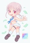  1boy androgynous bare_shoulders black_choker braid chibi choker full_body highres hyperinflation looking_at_viewer looking_back male_focus money open_mouth otoko_no_ko pointy_ears red_eyes satokichi short_hair_with_long_locks shorts twin_braids white_hair white_shorts 