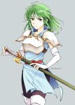  1girl armor black_leggings blue_dress boots collarbone collared_dress cowboy_shot dress elbow_gloves fire_emblem fire_emblem:_thracia_776 gloves green_eyes green_hair grey_background headband highres holding leggings looking_at_viewer misha_(fire_emblem) pegasus_knight_uniform_(fire_emblem) sheath sheathed shirokuroma_29 short_hair side_slit simple_background smile solo sword thigh_boots weapon white_footwear white_headband 