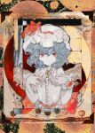  1girl anabone bat_wings blue_hair bow frilled_shirt_collar frills gold_choker hat hat_ribbon looking_at_viewer mob_cap portrait red_bow red_eyes remilia_scarlet ribbon short_sleeves touhou wings 