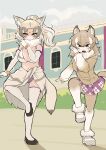  2girls animal_ears bags_under_eyes bare_shoulders brown_eyes brown_hair closed_mouth dancing day detached_collar elbow_gloves facial_mark fang foot_up forehead_mark full_body fur_collar fur_trim gloves grey_hair hair_between_eyes hand_up high_ponytail highres indian_wolf_(kemono_friends) japanese_wolf_(kemono_friends) kemono_friends knee_up long_hair looking_at_viewer miniskirt multicolored_hair multiple_girls navel necktie nenkou-san outdoors outstretched_arm sarong shirt shoes side-by-side skirt smile stomach tail thigh-highs white_hair wolf_ears wolf_girl wolf_tail zettai_ryouiki 