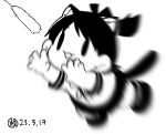  1girl animal_ears artist_logo cat_ears cat_tail cat_teaser chibi dated extra_ears greyscale kantai_collection monochrome motion_blur pleated_skirt school_uniform serafuku shikinami_(kancolle) skirt solo tail tsubutarou twitter_username 