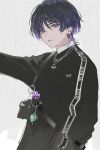  1boy black_hair black_jacket chain_necklace ear_piercing genshin_impact grey_background jacket jewelry long_sleeves looking_at_viewer male_focus multicolored_hair necklace piercing purple_hair scaramouche_(genshin_impact) shirt short_hair solo tongue tongue_out ueauwa violet_eyes white_shirt 